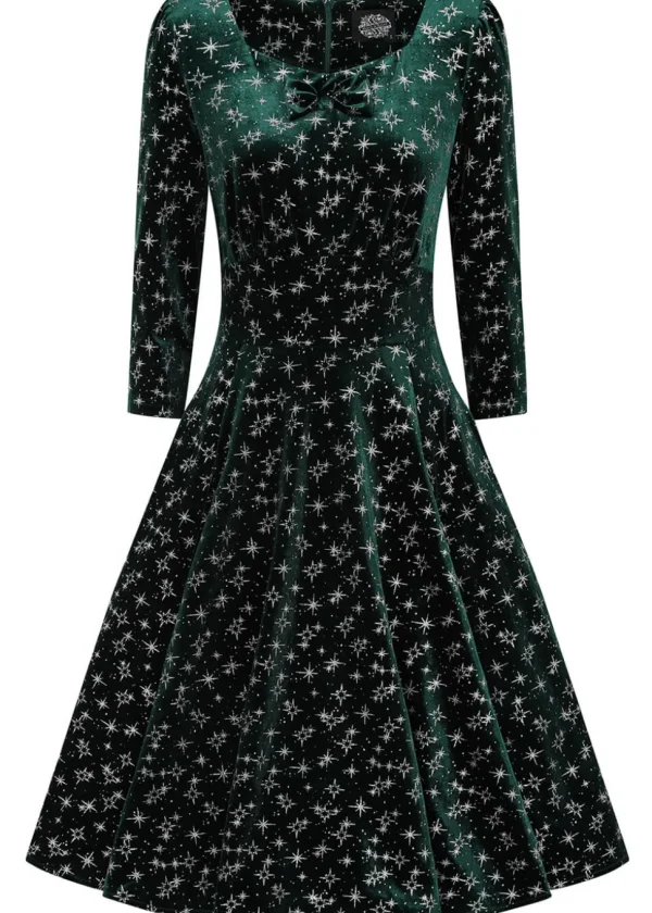 Hearts & Roses Paris Sparkle Velvet 50's Swing Dress in Green