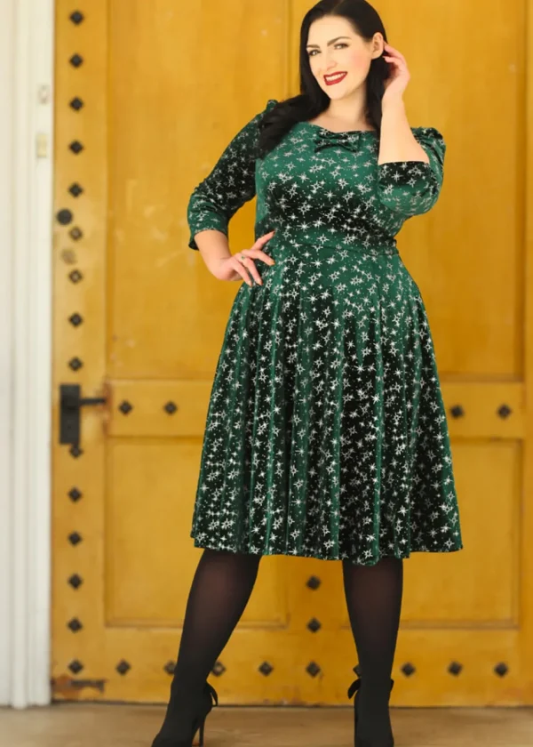 Hearts & Roses Paris Sparkle Velvet 50's Swing Dress in Green