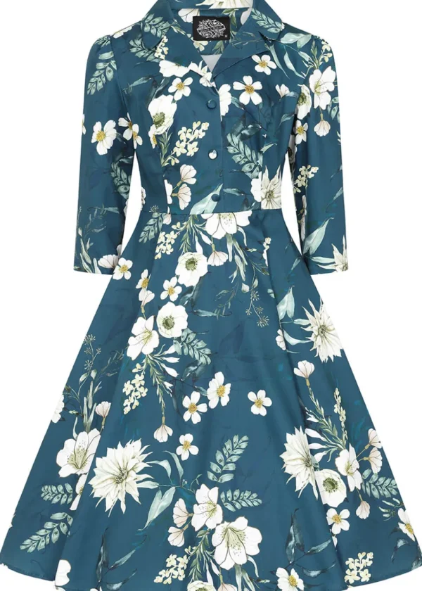 Hearts & Roses Petal Floral 50's Swing Dress Blue