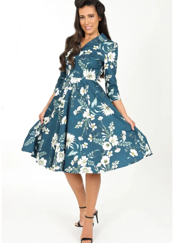 Hearts & Roses Petal Floral 50's Swing Dress Blue