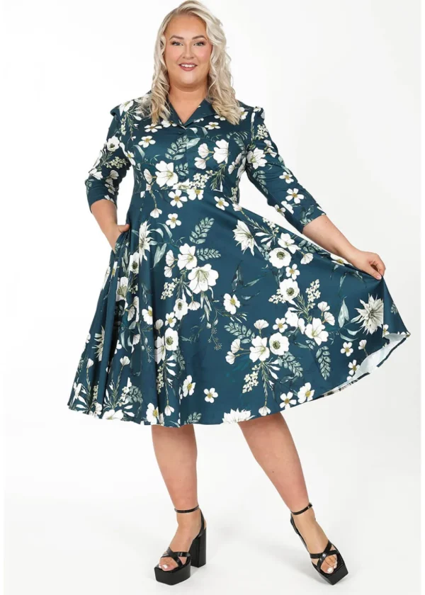 Hearts & Roses Petal Floral 50's Swing Dress Blue