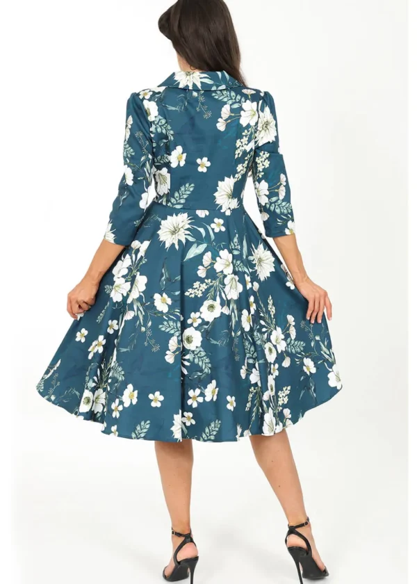 Hearts & Roses Petal Floral 50's Swing Dress Blue