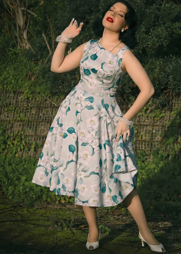 Hearts & Roses Rey Floral 50's Swing Dress Grey