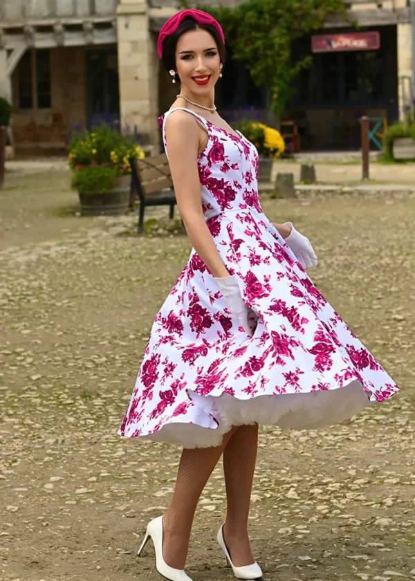 Hearts & Roses Rosaceae Floral 50's Swing Dress White Pink