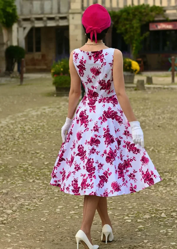 Hearts & Roses Rosaceae Floral 50's Swing Dress White Pink