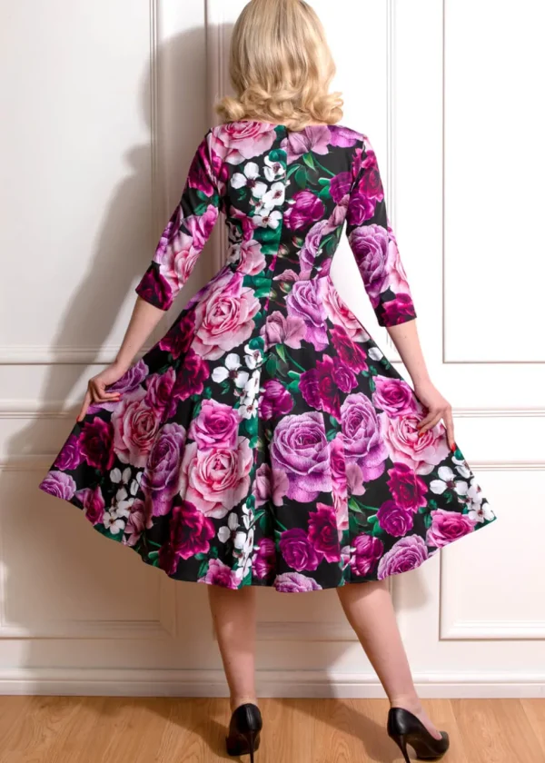 Hearts & Roses Sydney Floral 50's Swing Dress Purple