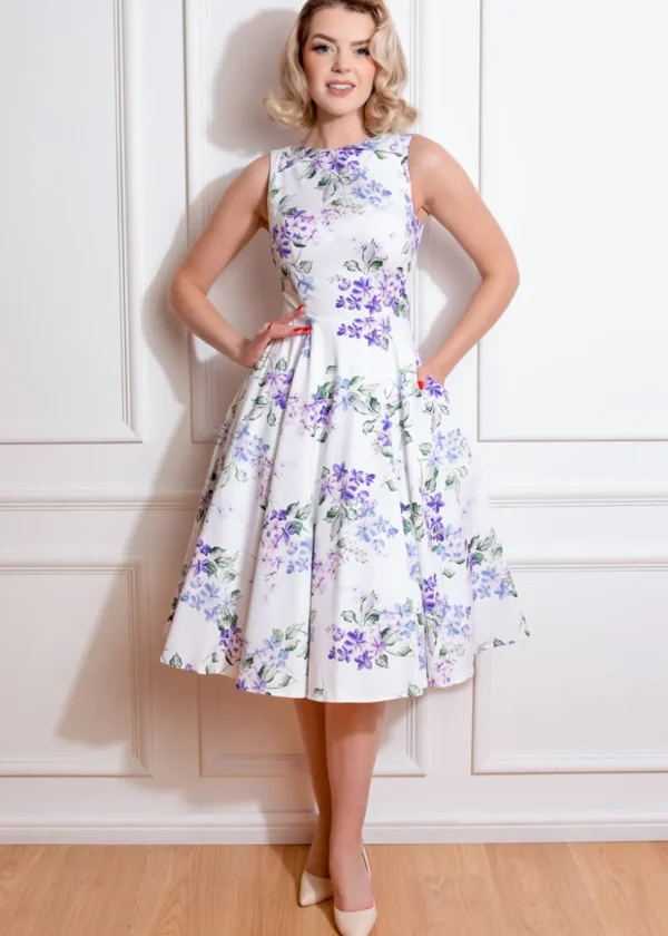 Hearts & Roses Tasha Floral 50's Swing Dress White Blue