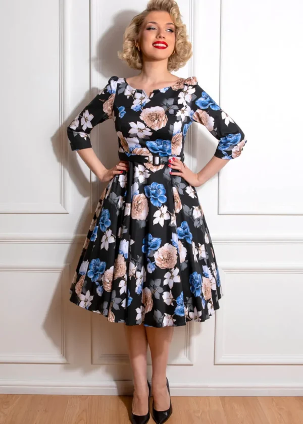 Hearts & Roses Zoe Floral 50's Swing Dress Black