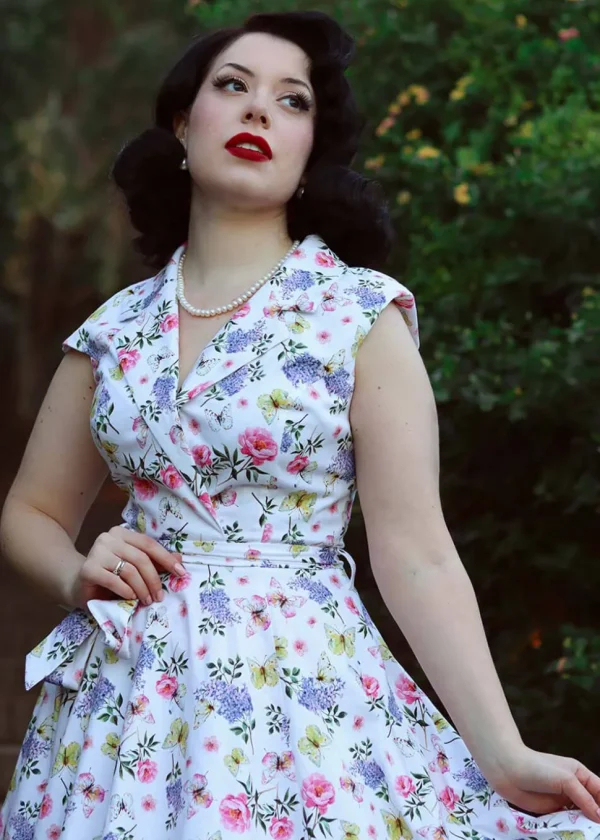Hearts & Roses Zoey Floral Butterfly 50's Swing Dress White