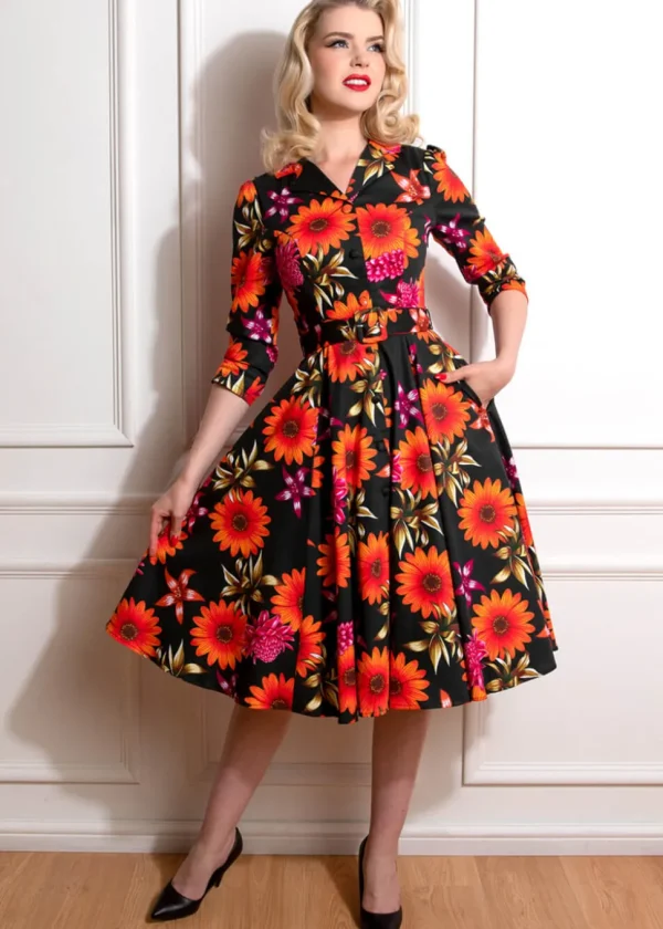 Hearts & Roses Eden Floral 50's Swing Dress Black
