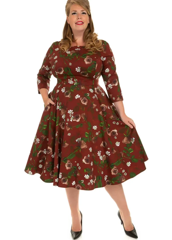 Hearts & Roses Francis Floral 50's Swing Dress Burgundy