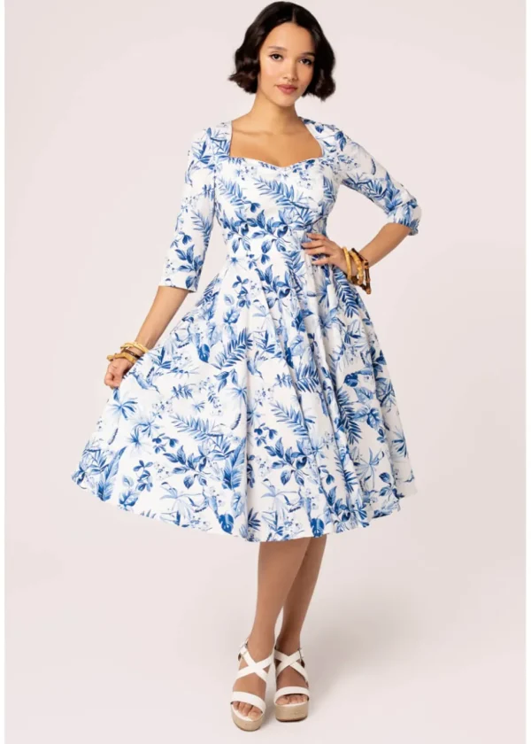 Hell Bunny Adeline Leaves 50's Swing Dress Blue