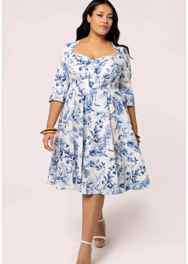 Hell Bunny Adeline Leaves 50's Swing Dress Blue