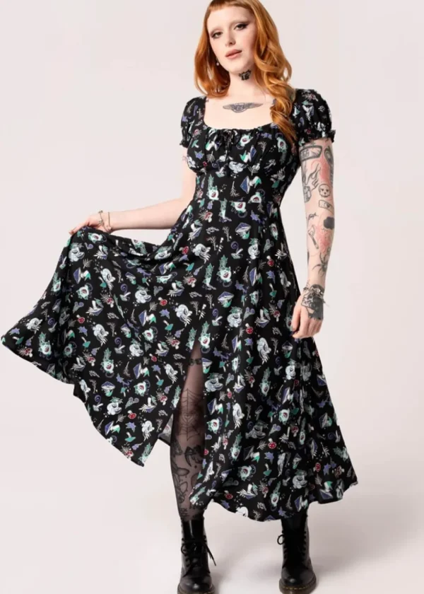 Hell Bunny Amanita Mushroom 70's Midi Dress Black