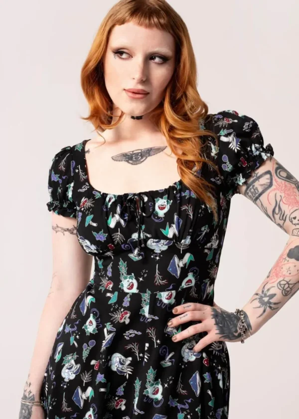 Hell Bunny Amanita Mushroom 70's Midi Dress Black