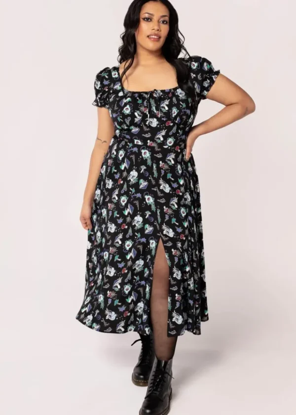 Hell Bunny Amanita Mushroom 70's Midi Dress Black