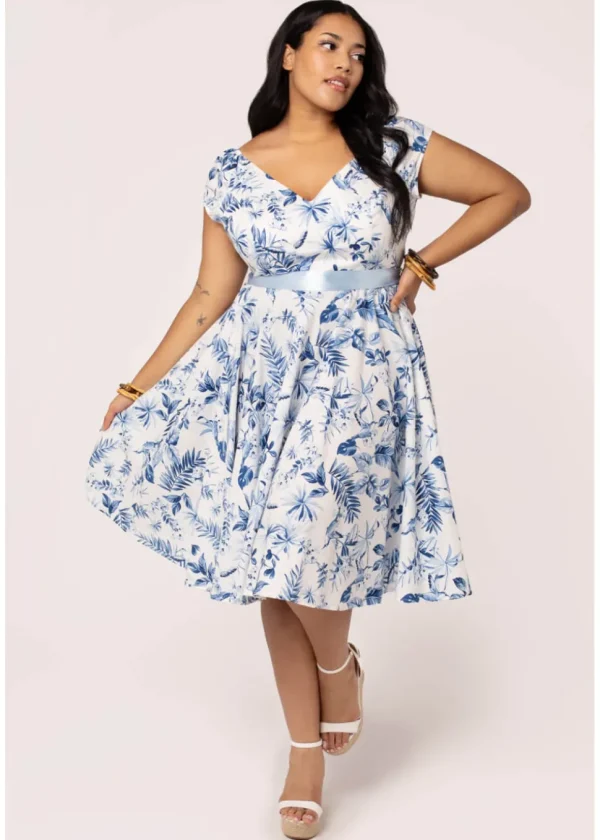 Hell Bunny Amazilia Leaves 50's Swing Dress Blue