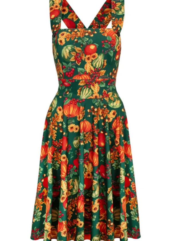 Hell Bunny Autumn Pumpkin 40's Pinafore Swing Dress Green