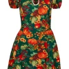 Hell Bunny Autumn Pumpkin 40's Mini Dress Green