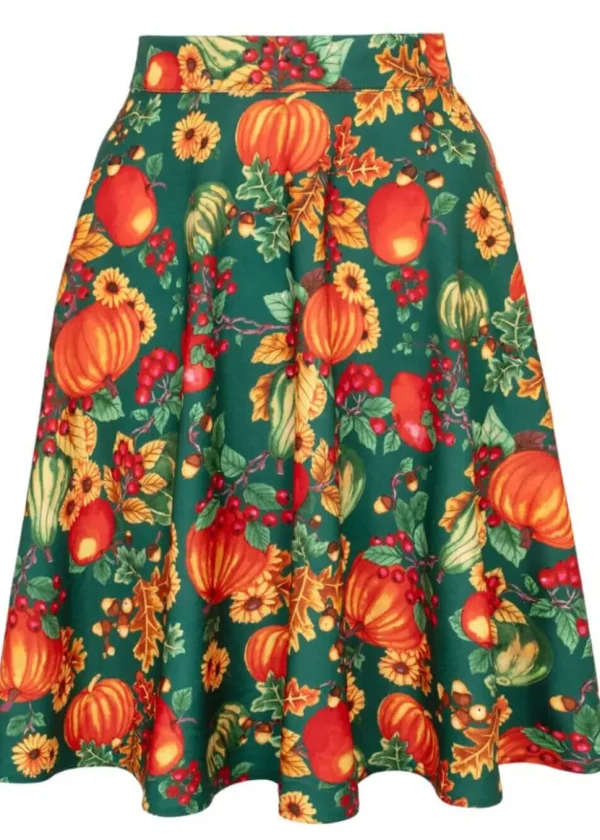 Hell Bunny Autumn Pumpkin 40's A-Line Skirt Green