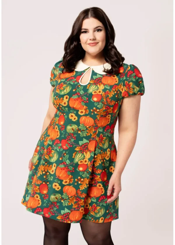 Hell Bunny Autumn Pumpkin 40's Mini Dress Green