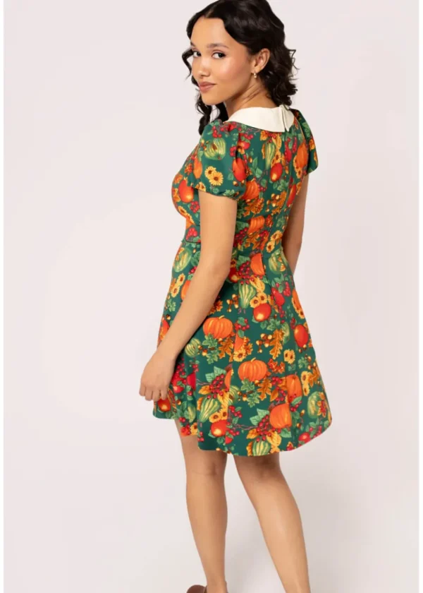 Hell Bunny Autumn Pumpkin 40's Mini Dress Green