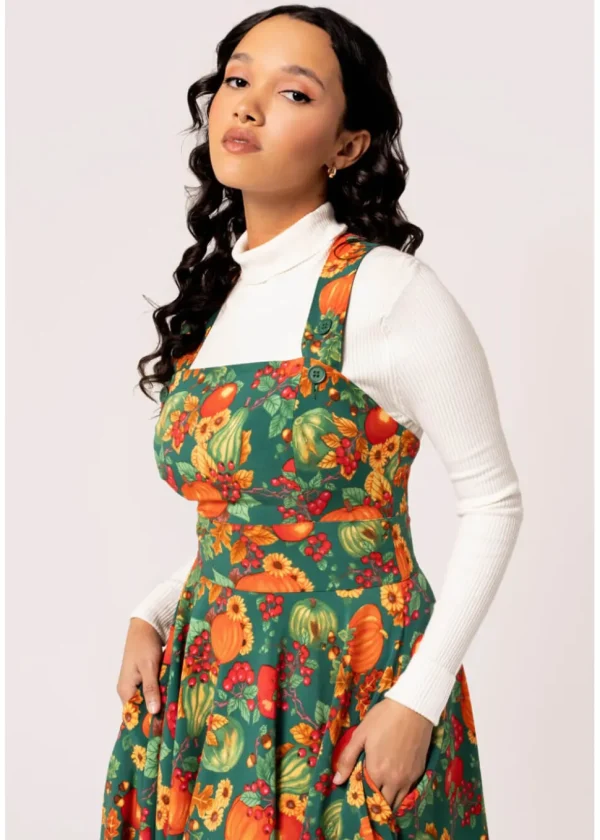 Hell Bunny Autumn Pumpkin 40's Pinafore Swing Dress Green