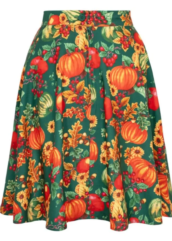 Hell Bunny Autumn Pumpkin 40's A-Line Skirt Green