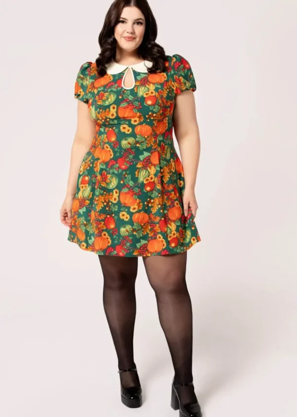 Hell Bunny Autumn Pumpkin 40's Mini Dress Green