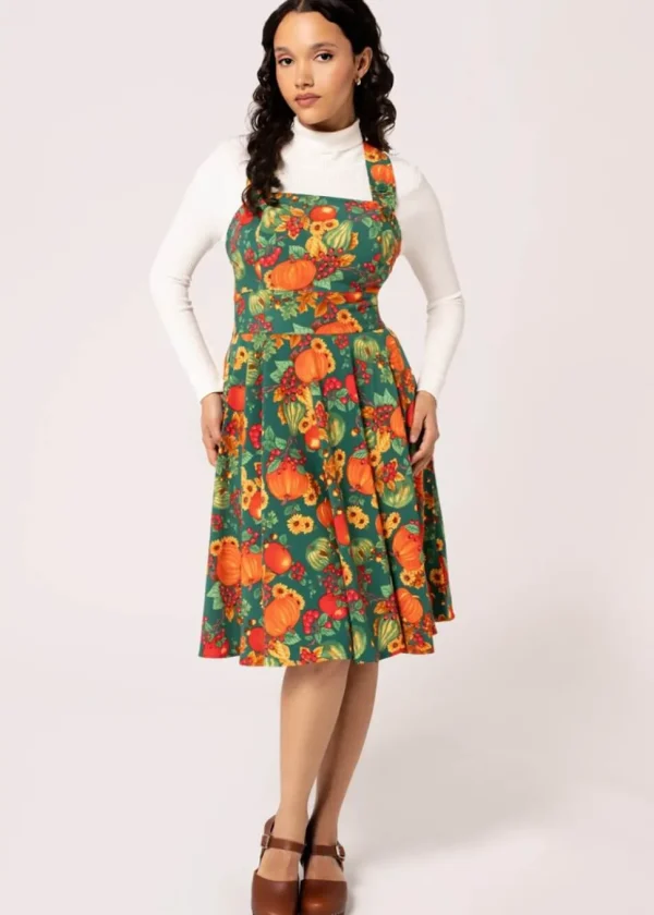 Hell Bunny Autumn Pumpkin 40's Pinafore Swing Dress Green
