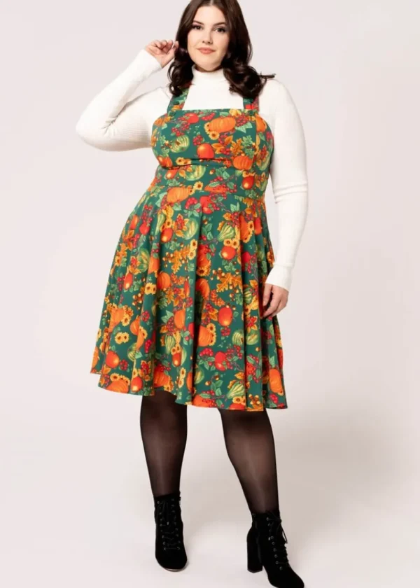 Hell Bunny Autumn Pumpkin 40's Pinafore Swing Dress Green