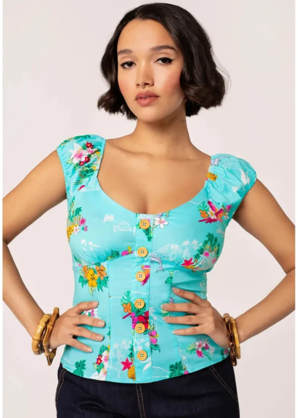Hell Bunny Ayanna Tiki 50's Top Aqua Blue