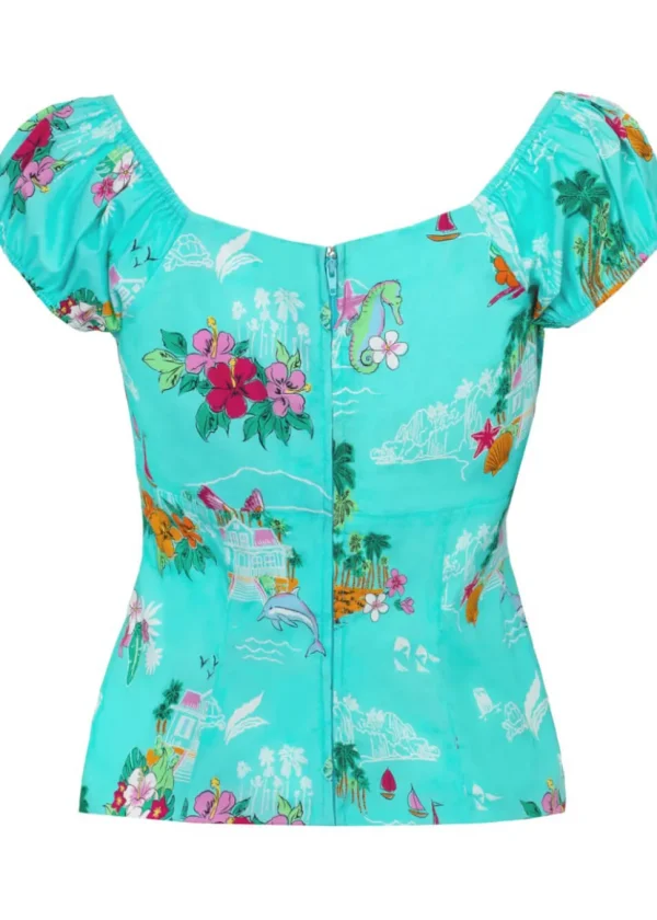 Hell Bunny Ayanna Tiki 50's Top Aqua Blue