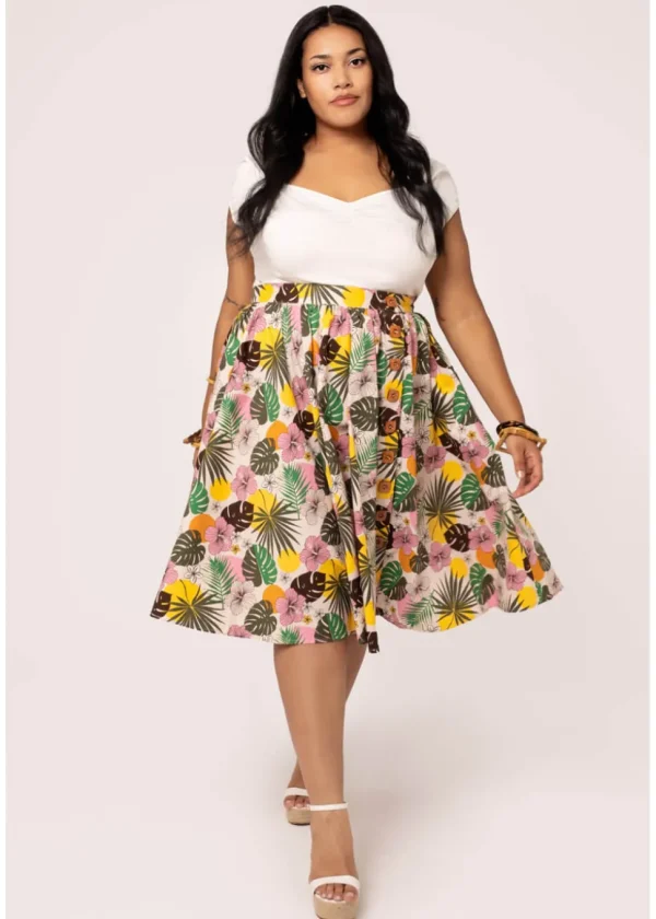 Hell Bunny Benita Tiki 50's Swing Skirt in Beige