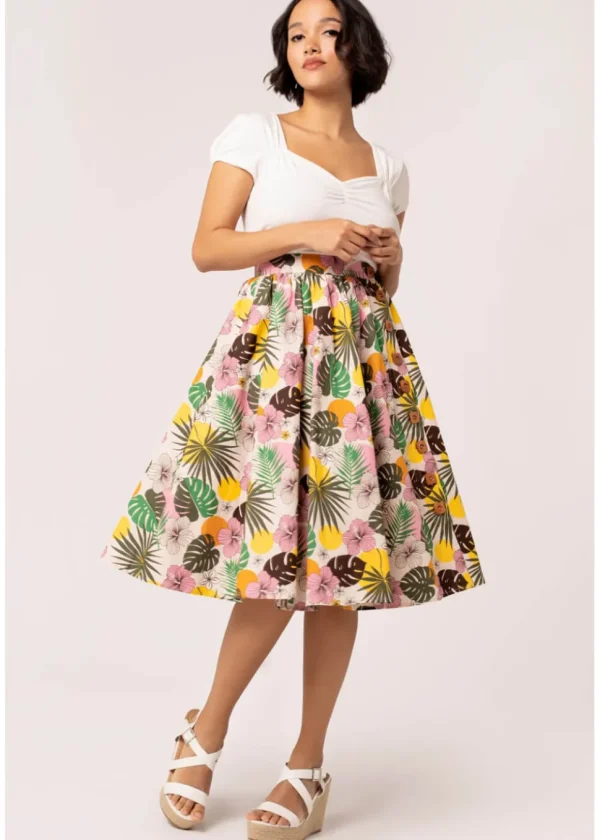 Hell Bunny Benita Tiki 50's Swing Skirt in Beige