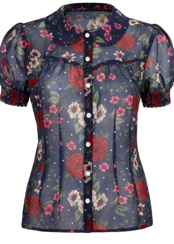 Hell Bunny Camellia Flowers 40's Blouse Navy Blue