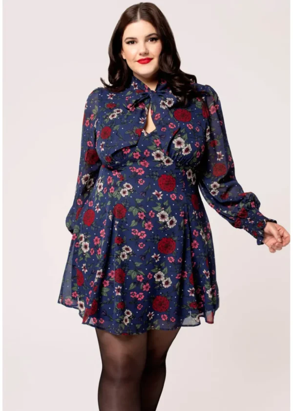 Hell Bunny Camellia Flowers 60's Mini Dress Navy