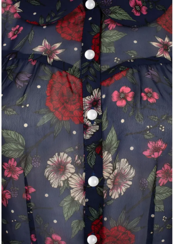 Hell Bunny Camellia Flowers 40's Blouse Navy Blue