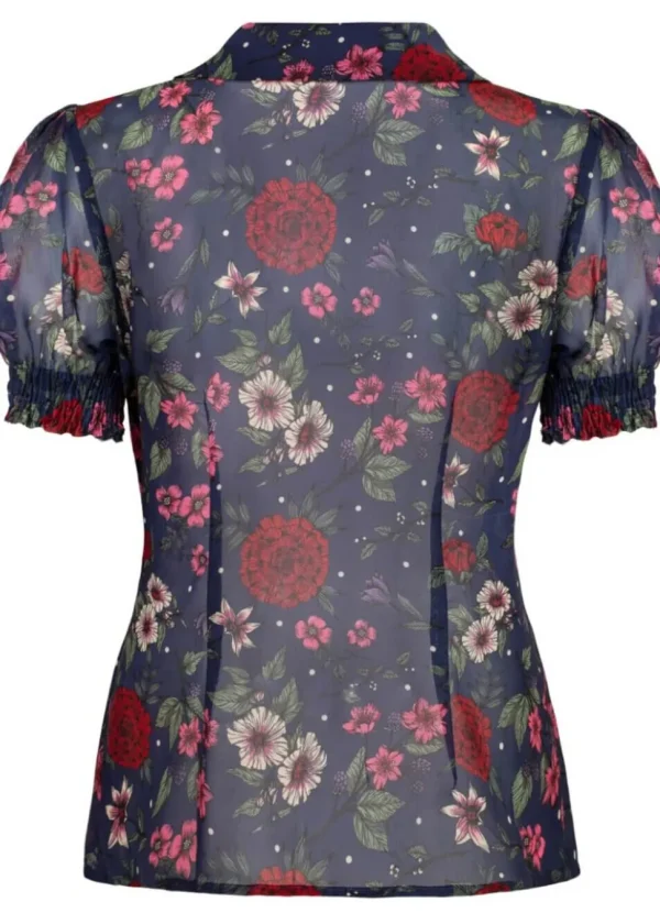 Hell Bunny Camellia Flowers 40's Blouse Navy Blue