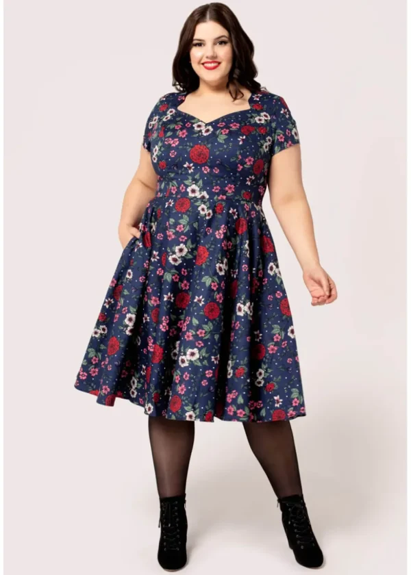 Hell Bunny Camellia Flowers 50's Midi Swing Dress Navy