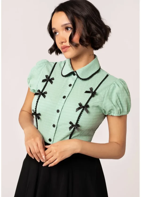 Hell Bunny Casey Bow 40's Blouse Mint Green