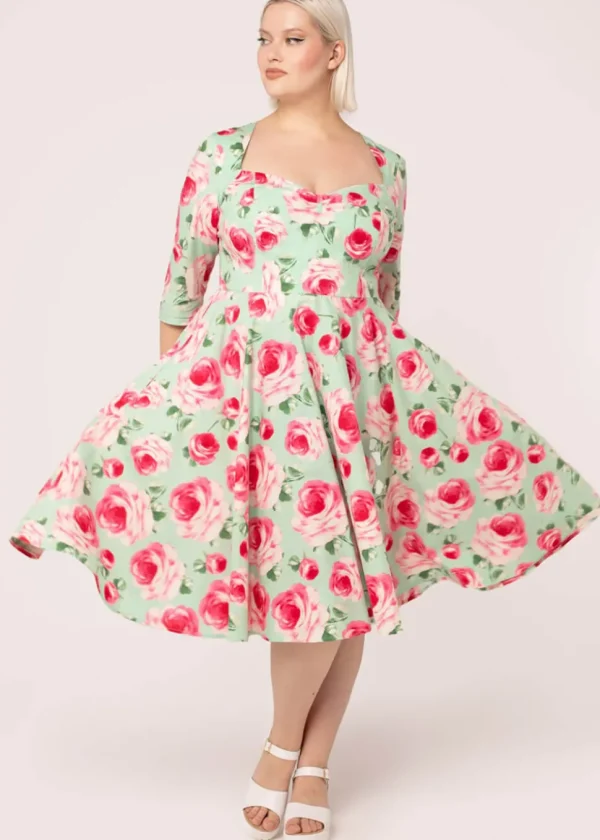 Hell Bunny Claire Roses 50's Swing Dress Mint