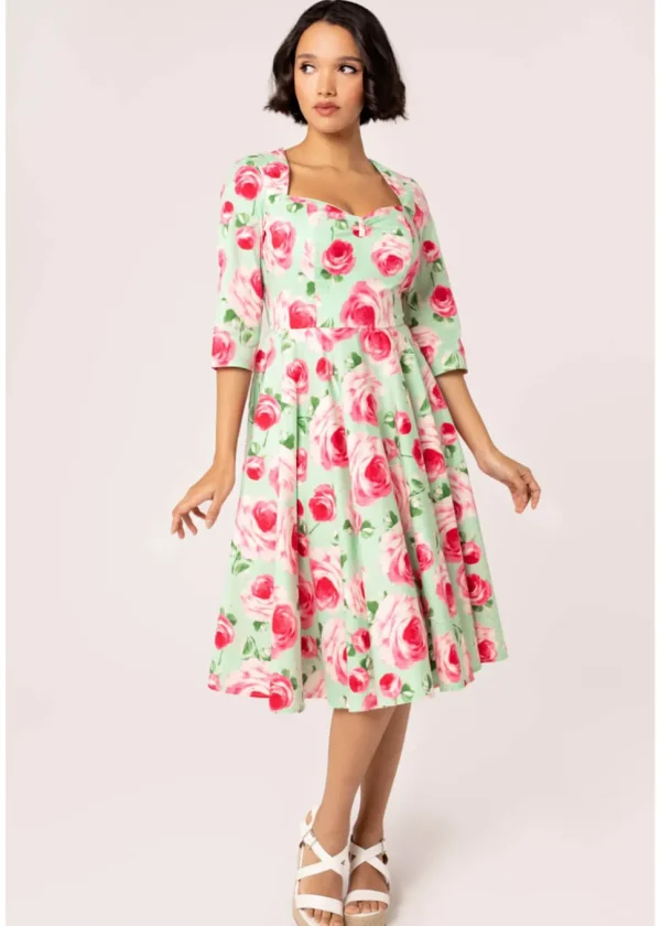Hell Bunny Claire Roses 50's Swing Dress Mint