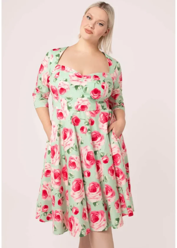 Hell Bunny Claire Roses 50's Swing Dress Mint