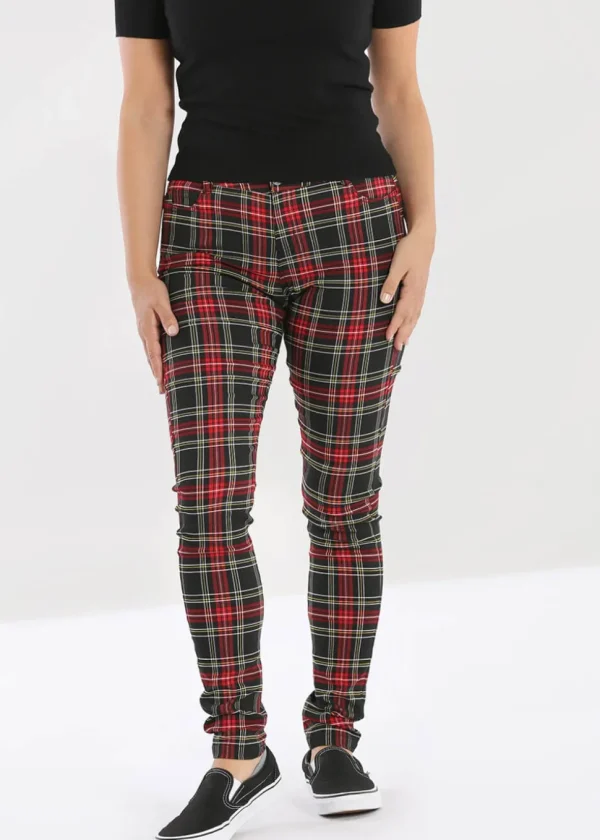 Hell Bunny Clash Tartan Skinny Pants Red