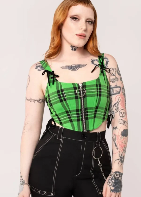 Hell Bunny Corey Tartan Heart 80's Corset Top Green