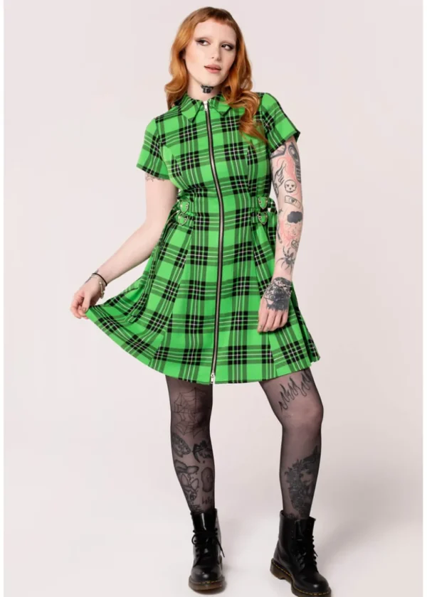 Hell Bunny Corey Tartan Heart 80's Dress Green