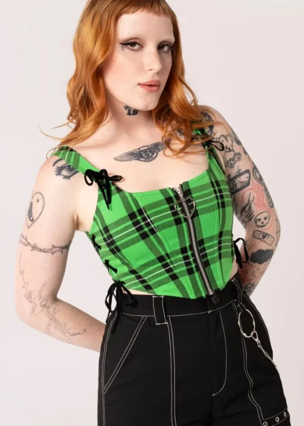 Hell Bunny Corey Tartan Heart 80's Corset Top Green
