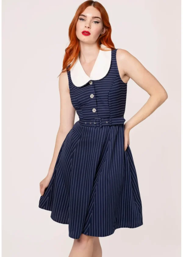 Hell Bunny Costello Pinstripe 40's Swing Dress Navy