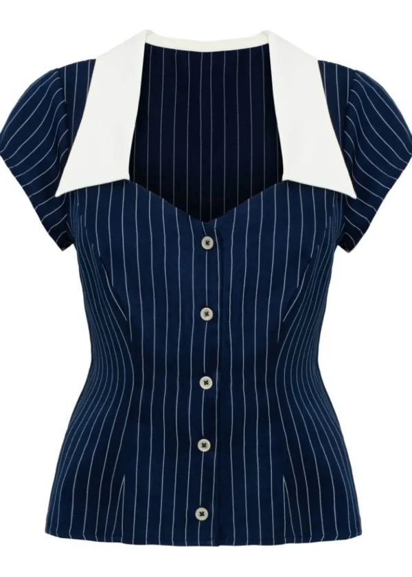 Hell Bunny Costello Pinstripe 40's Blouse Navy Blue